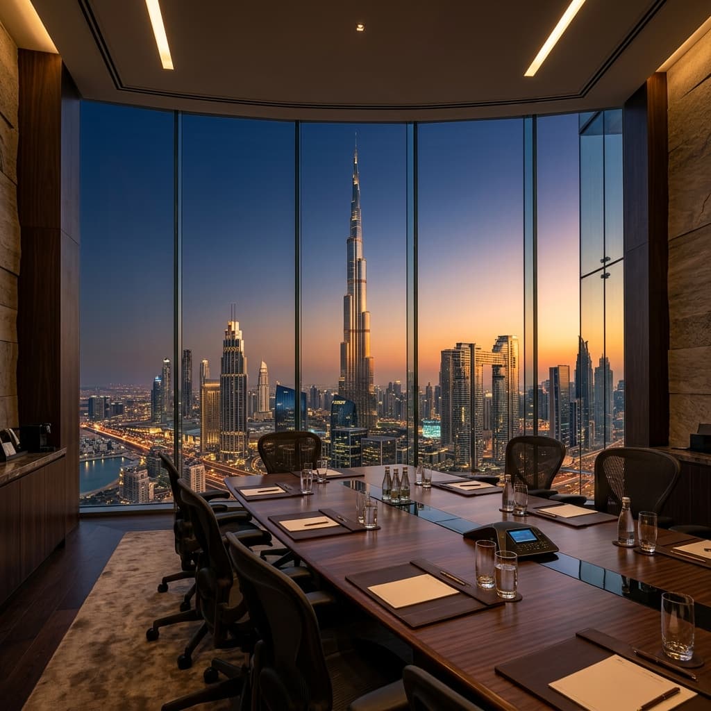 Dubai skyline from a corporate board room, UAE business setup